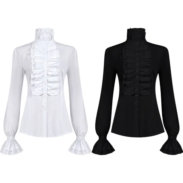 Ensemble victorien pour femme avec blouse à col montant à volants et jupe longue détail 1