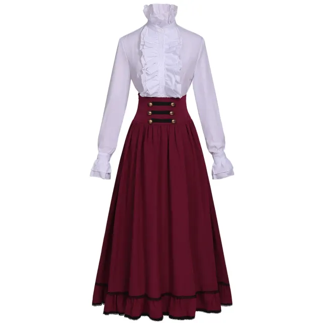 Ensemble victorien pour femme avec blouse à col montant à volants et jupe longue détail 8