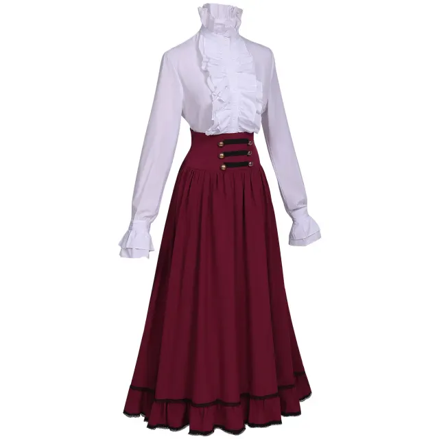 Ensemble victorien pour femme avec blouse à col montant à volants et jupe longue détail 9