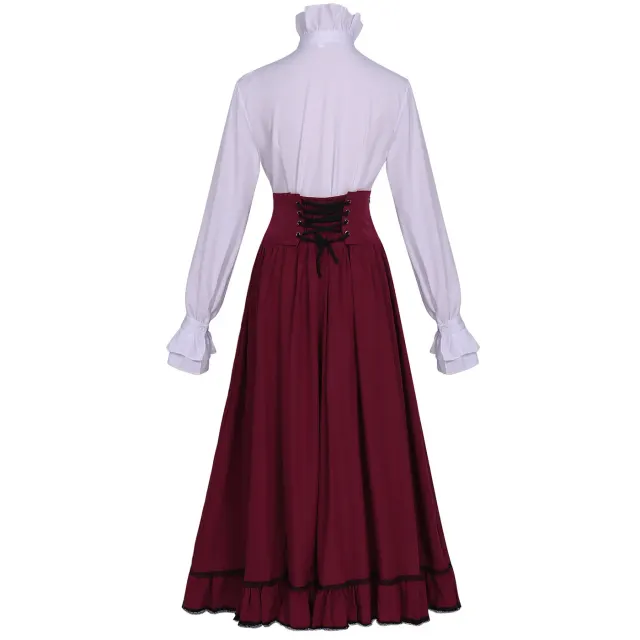 Ensemble victorien pour femme avec blouse à col montant à volants et jupe longue détail 10