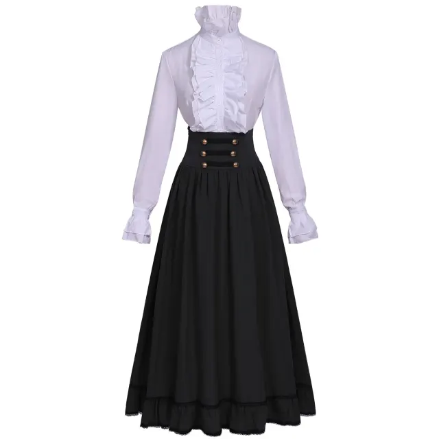 Ensemble victorien pour femme avec blouse à col montant à volants et jupe longue détail 11