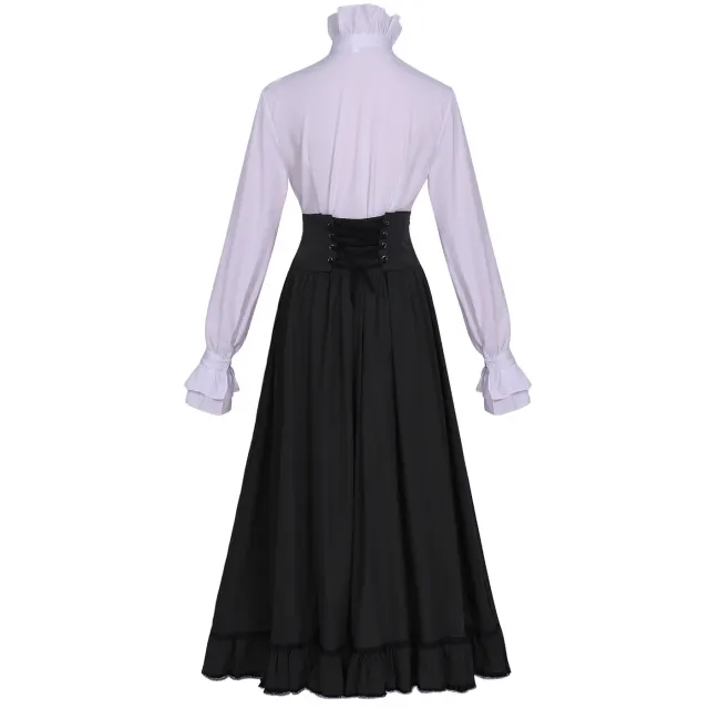 Ensemble victorien pour femme avec blouse à col montant à volants et jupe longue détail 13