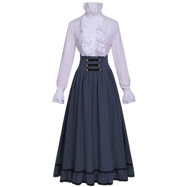Ensemble victorien pour femme avec blouse à col montant à volants et jupe longue détail 14