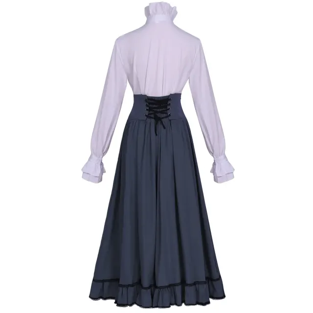 Ensemble victorien pour femme avec blouse à col montant à volants et jupe longue détail 15