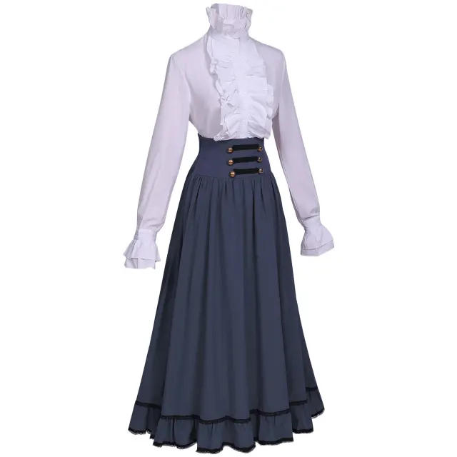 Ensemble victorien pour femme avec blouse à col montant à volants et jupe longue détail 16