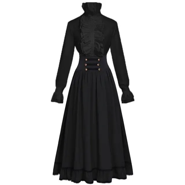 Ensemble victorien pour femme avec blouse à col montant à volants et jupe longue détail 21