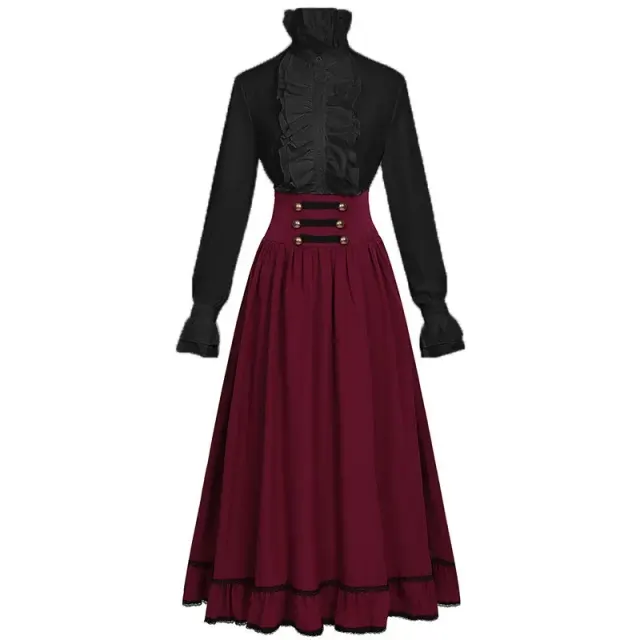 Ensemble victorien pour femme avec blouse à col montant à volants et jupe longue détail 22