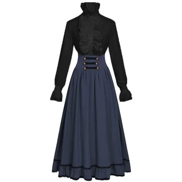 Ensemble victorien pour femme avec blouse à col montant à volants et jupe longue détail 23