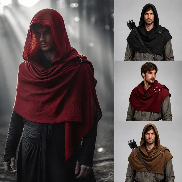 Une cape à capuche viking rouge au design médiéval et d'inspiration Renaissance pour Halloween et le cosplay.
