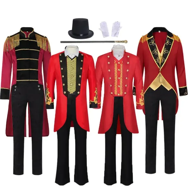 Adult vintage magician ringmaster tailcoat costume with long sleeves and printed detailing, shown for cosplay and Halloween.