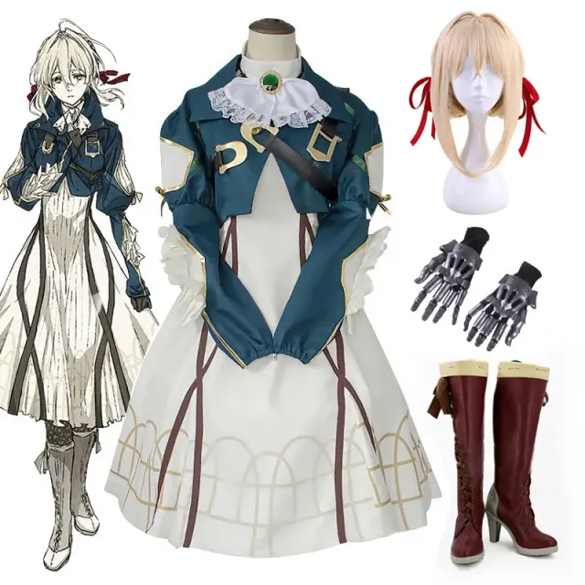 Disfraz cosplay de Violet Evergarden mostrado en una opción de ropa violeta para actuaciones escénicas y role-play de anime.