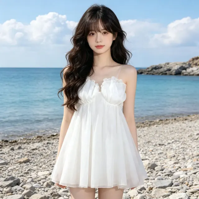 Vestido mini de tul blanco con tirantes y cuerpo bandeau, cintura alta y falda corta y voluminosa.
