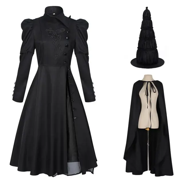 Black long-sleeve Elphaba cosplay dress for women's stage and theatrical performances.