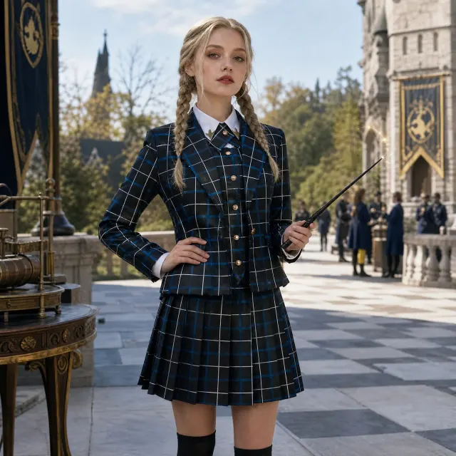 Witch Academy JK-Rock aus einem Cosplay-Uniformset im britischen Vintage-Stil, gezeigt für anime-inspirierte Bühnen- und Schuluniform-Looks.