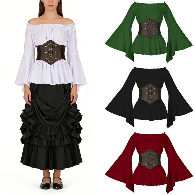 A women's white Renaissance Victorian blouse with ruffled long sleeves and a waist belt.