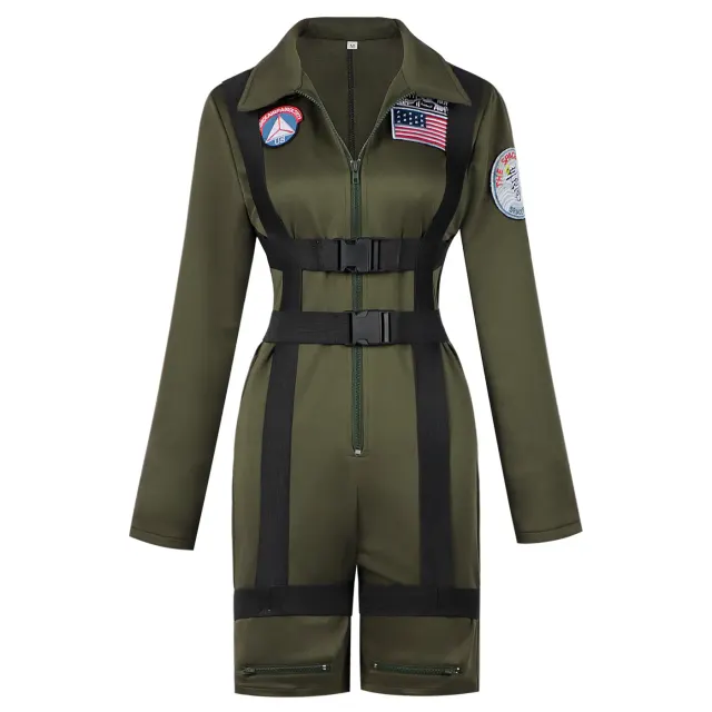 Women's Army Green Pilot Jumpsuit with Straps for Cosplay detail 3