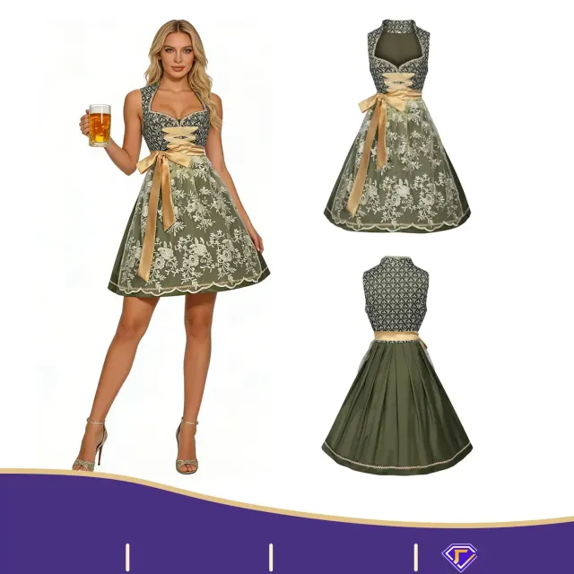 Ein bayerisches Oktoberfest-Bierkleid-Kostüm für Damen, gezeigt in der Option Neues Bierkleid Stil 10.