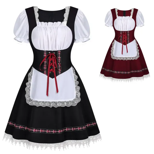 Ein schwarzes bayerisches Oktoberfest-Bierkleid für Damen mit kurzen Ärmeln und einfarbiger Ausführung.
