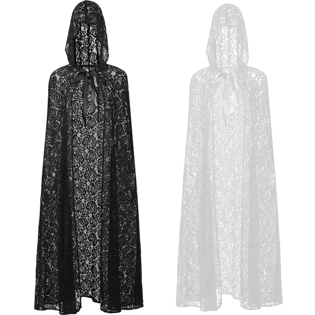 Une cape à capuche en dentelle noire transparente avec fermeture à nouer pour les costumes cosplay et fantastique occidental pour femme.