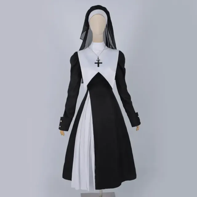 Women's Black & White Nun Costume Dress for Halloween Cosplay detail 1