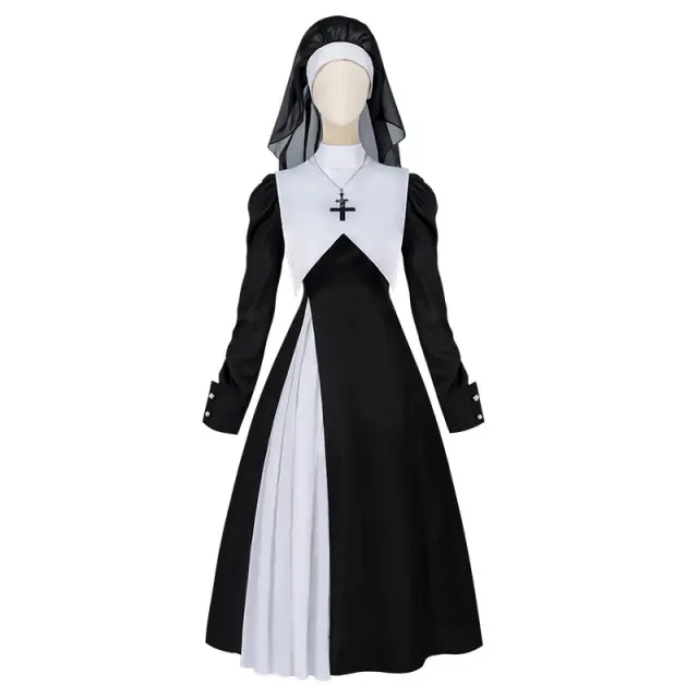 Women's Black & White Nun Costume Dress for Halloween Cosplay detail 3