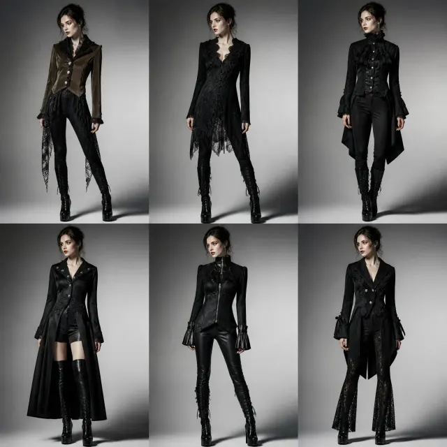 Eine mittellange Damen-Frackjacke im Gothic-Stil in Übergröße mit Stehkragen und Frack-Silhouette, gestylt für Bühne und Fantasy.