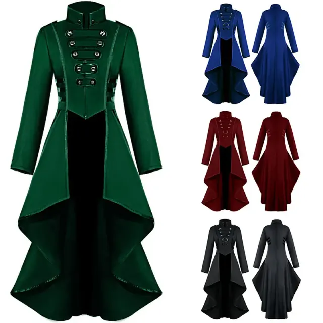 Langes Damenkleid im Gothic-Frackstil mit Stehkragen, Frontknöpfen und asymmetrischem Saum für Halloween und Bühnenauftritte.