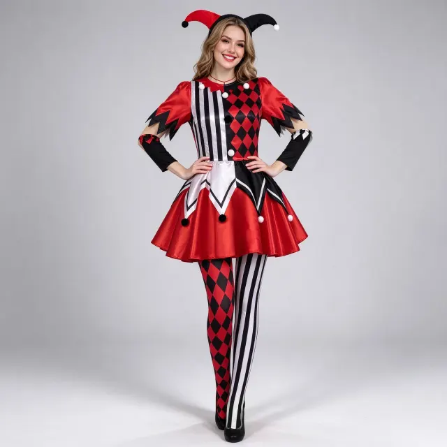 Robe cosplay de clown de cirque pour femme dans un style prêt pour la scène, pour les spectacles d'Halloween et de carnaval.