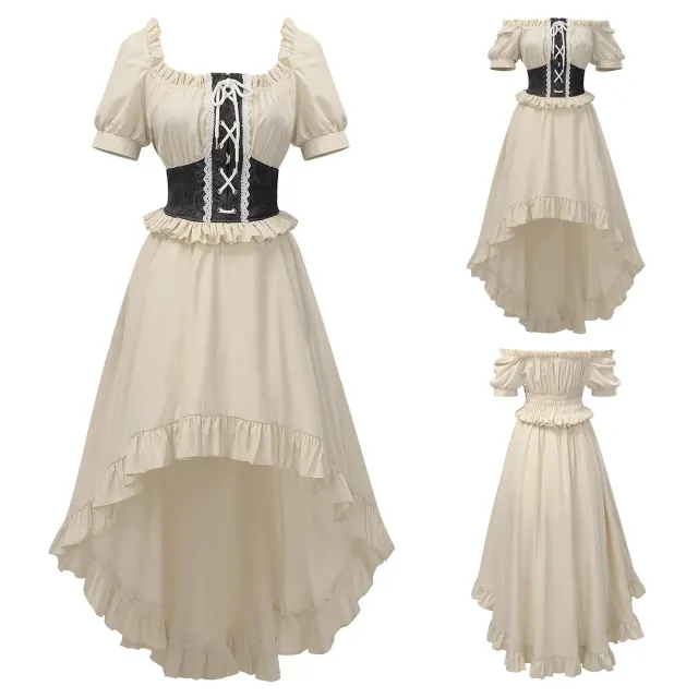Robe cosplay pour femme à manches courtes et épaules dénudées, avec bordure à volants et ourlet irrégulier, dans un style inspiré du chevalier et de couleur unie.
