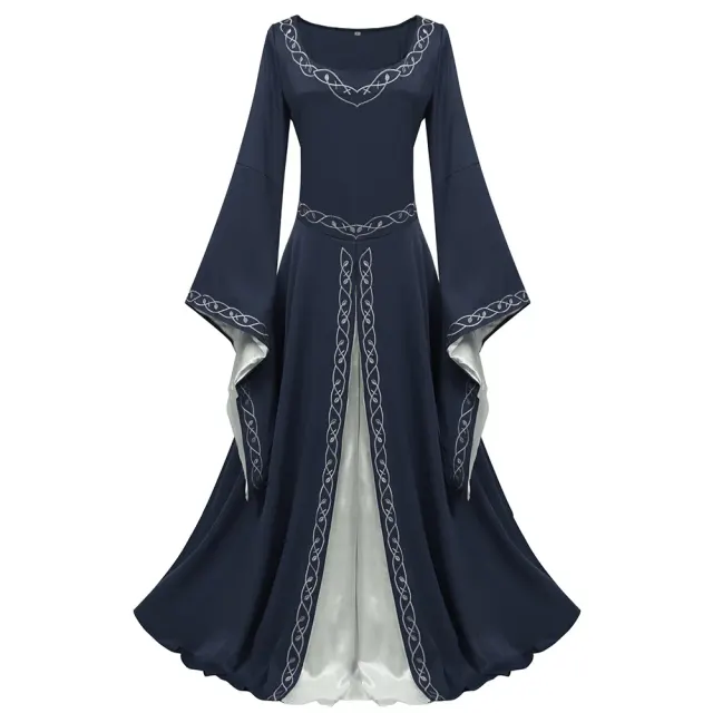 Women's Medieval Color-Block Court Dress with Flared Sleeves detail 18