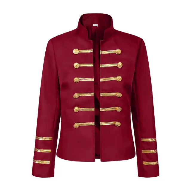 Women's medieval court-style stage jacket with a stand collar, gold button details, and double-breasted front.
