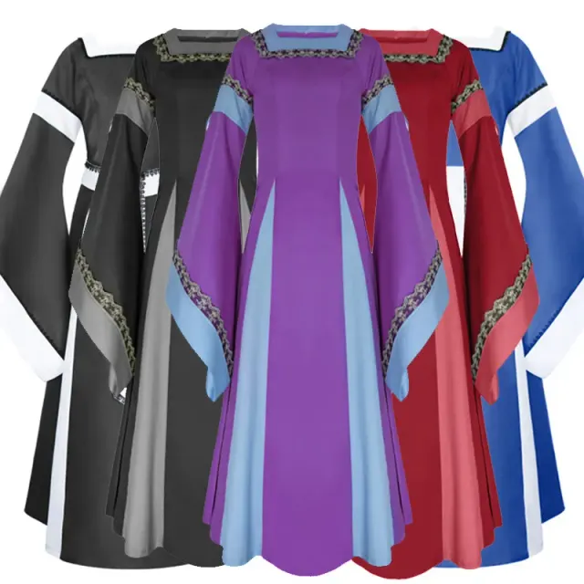 Vestido largo medieval renacentista de mujer en rojo, diseñado para disfraces de teatro y cosplay.