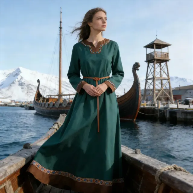 A woman wearing a medieval Viking peasant dress designed for Renaissance and fantasy cosplay.