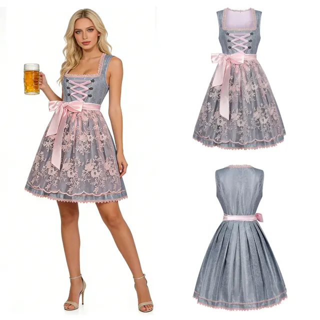 Damen-Dirndl für das Oktoberfest mit Vintage-Spitzen-Details und Schnür-Mieder im traditionellen bayerischen Feststil.