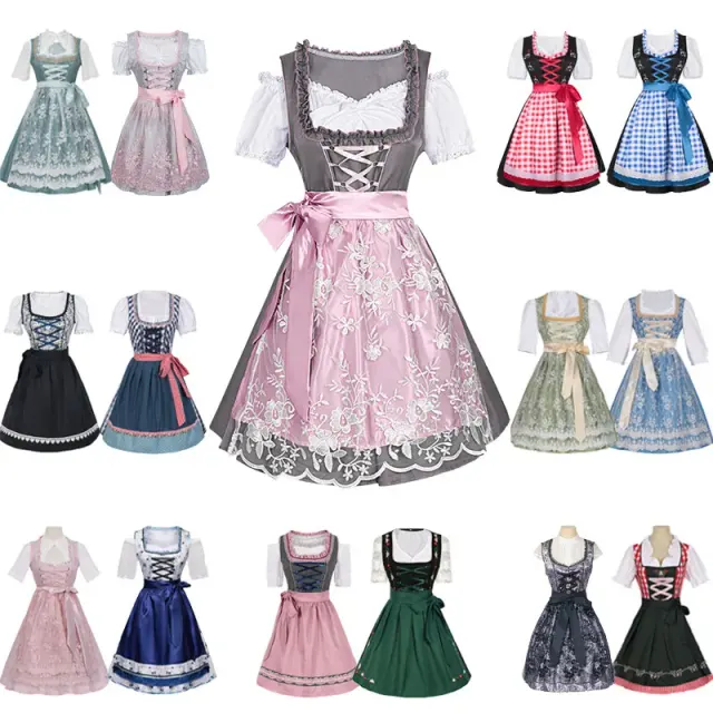 Damen-Oktoberfest-Spitzen-Maid-Kleid-Set mit Colorblock-Details, dargestellt als Theaterkostüm.
