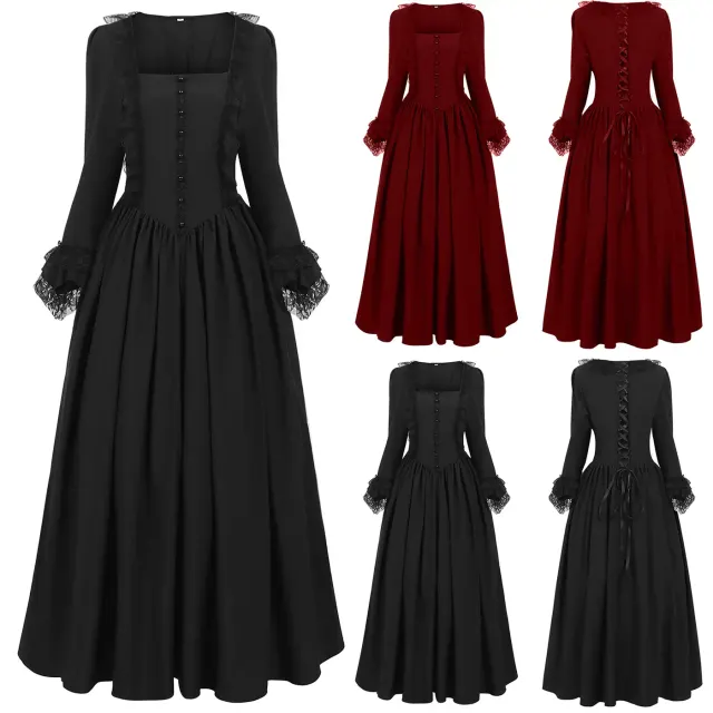 Vestido cortesano renacentista con encaje rojo de talla grande para mujer con detalles de inspiración vintage.
