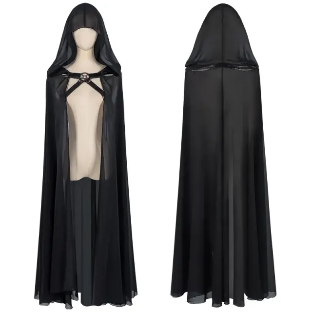 Cape à capuche transparente noire avec fermeture à nouer sur le devant et conception légère en taille unique.