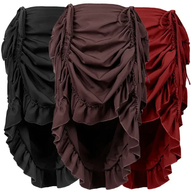 Black steampunk gothic high-low drawstring skirt in jacquard polyester, styled for theatrical fantasy costume wear.