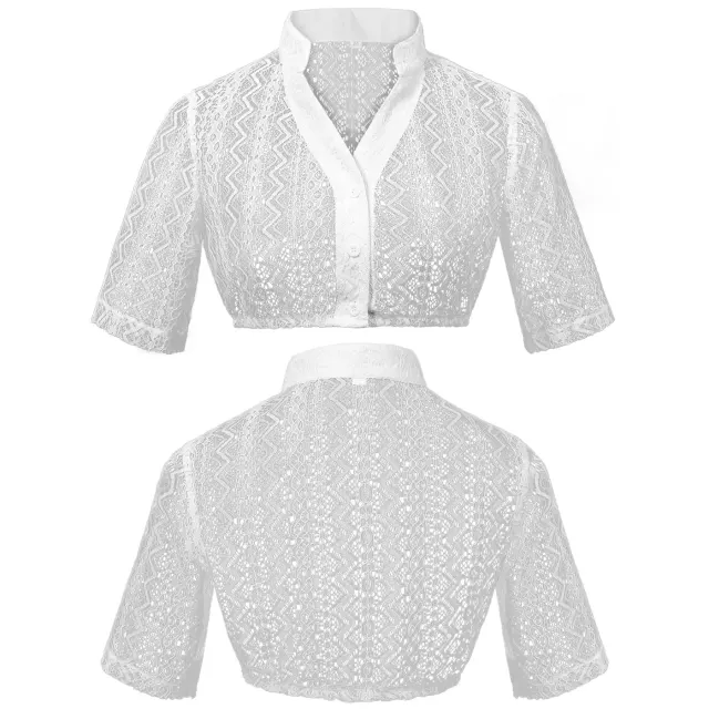 Weißes Damen-Korsett-Top mit Spitze und Kordelzug für Oktoberfest-Kostüme, abgebildet als kurzärmelige Innenschicht.