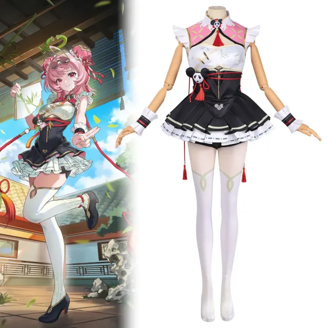 Chinesisch angepasstes Qipao-Cosplay-Kostüm in grüner Bambusfarbe mit langen Ärmeln und geometrischem Muster.